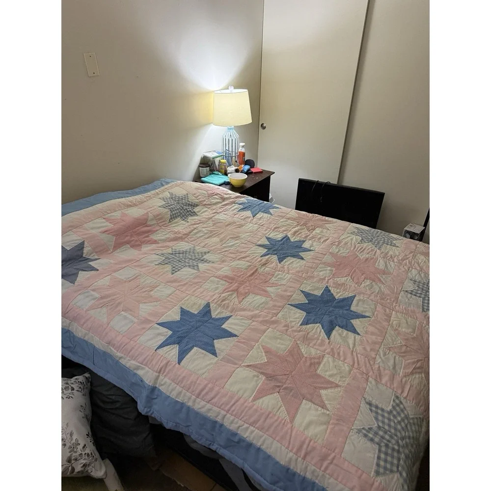 Vintage Eight Point Star Handmaid Pieced Hand Quilted Blue & Pink Patchwork